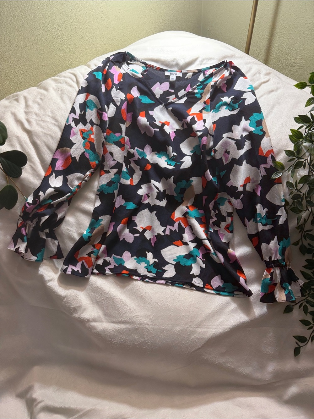 Bar III Navy Floral Blouse with Teal, Purple & Coral Accents